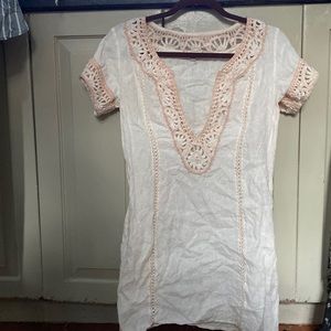 short, white, linen dress, crochet stitching,